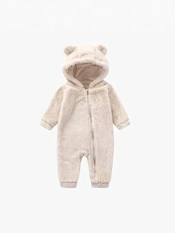 Baby Hooded Romper Fleece Thickened Bear Ear Design Autumn Winter Warm Jumpsuit Zipper Toddler Casual