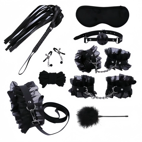 Lace PU Leather BDSM Bondage Handcuffs Ankle Cuffs Collar Whip Eye Mask Ball Gag For Adult Roleplay Sexy Toy