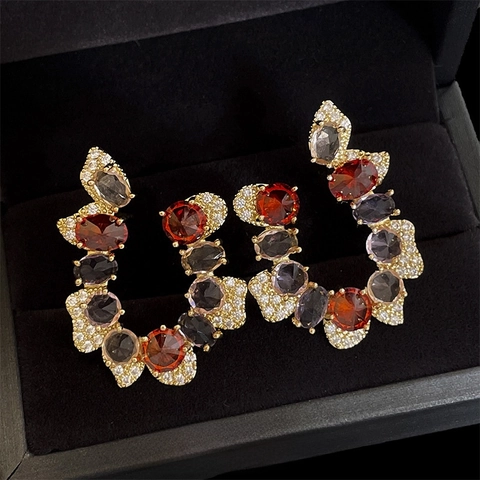 Vintage C-Shaped Hoop Earrings With 925 Sterling Silver Earring Post Colorful Zircon Gold Plated Copper For Women