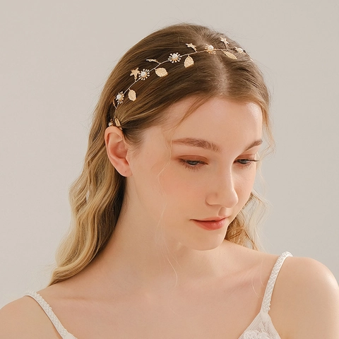 Diadema Novia Tocado Boda Aleación Dorada Hoja Estrella De Mar Imitación Perla Artificial Diamante De Imitación Hecho A Mano Mujer