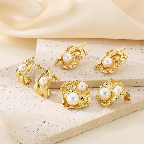 Geometric Artificial Pearl Stud Earrings 18K Gold Plated Stainless Steel Irregular Lava Texture Vintage French Jewelry For Women