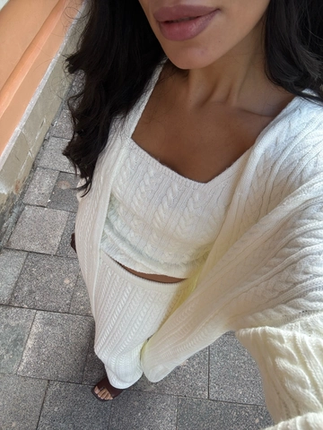 Completo In Maglia Da Donna Con Cardigan Canotta E Gonna Trama A Trecce Misto Cotone Streetwear Casual Bianco