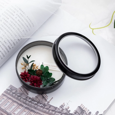 Scented Candle Handmade Soy Wax With Dried Flowers And Fruits In Metal Tin Transparent Lid Home Fragrance Holiday Gift