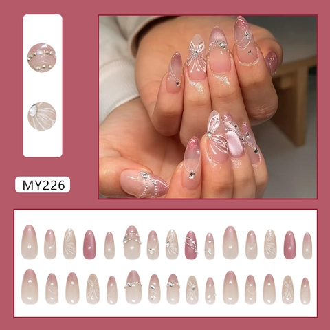 Faux Ongles À Presser Dégradé Rose Œil De Chat Amande Papillon Künstliche Perle Strass Décor Élégant Pour Femmes