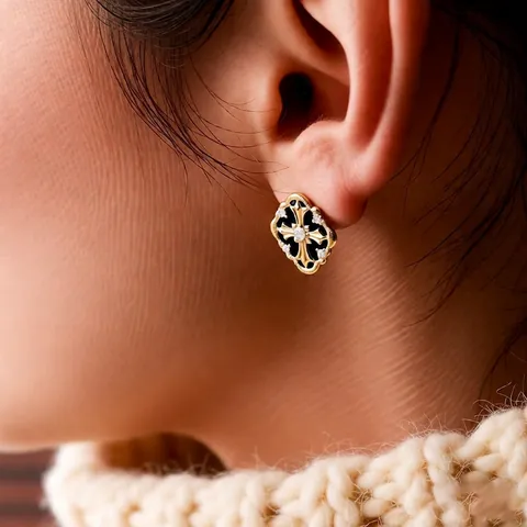 Boucles D'oreilles Puces Croix Vintage Françaises Cuivre Avec Zircon Émail Détails Tige En Argent Style Gothique Baroque Femmes