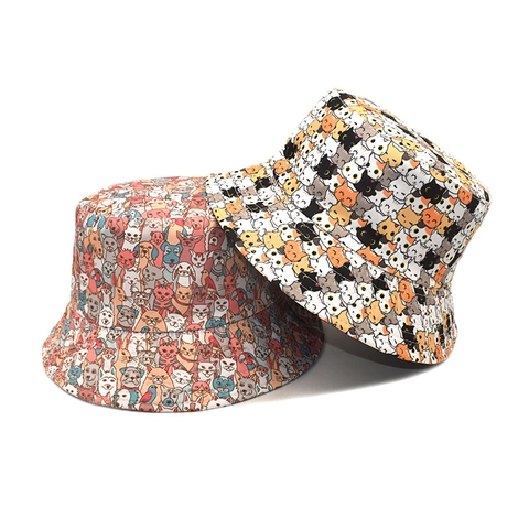 Reversible Bucket Hat Cartoon Cat Dog Pattern Polyester Sun Protection Outdoor Fisherman Cap For Women Foldable