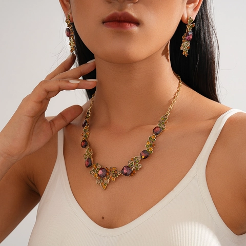 Collier Et Boucles D'oreilles Feuille Géométrique Style Palais Rétro Cuivre Strass Argent Bijoux Pour Femmes