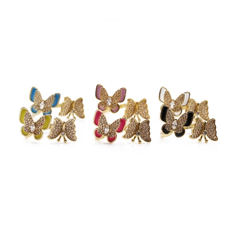 Anello Farfalla Zircone Rame Placcato Oro Regolabile Aperto Gioielli Per Donne Elegante Doppia Farfalla Smalto Design