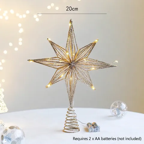 Puntale per Albero di Natale Stella Ottagonale LED Glitter Ferro Decorazione Luminosa per Festa Festiva Casa Ornamento Natalizio