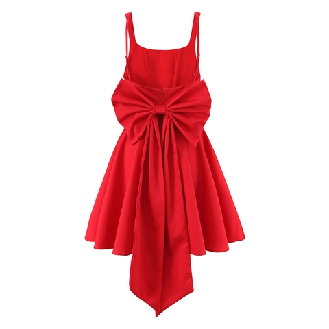 Women Sweet Square Neck Sexy Slim Fit Backless Mini Dress With Big Bow Back Sleeveless A-Line Patchwork Short Party Dress