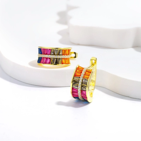 Rainbow Baguette Cut Zirconia Hoop Earrings With 925 Sterling Silver Earring Post Geometric Multi Color Fashion Jewelry