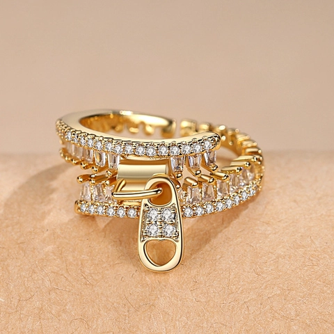 Reißverschluss Förmiger Offener Ring Kupfer Zirkon Mikropflaster Verstellbar Fingerschmuck Damen Mode Pendeln Stil