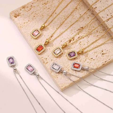 Rechthoekige Zirkonia Hanger Ketting Titanium Staal Halo Edelsteen Minimalistische Sieraden Voor Dames