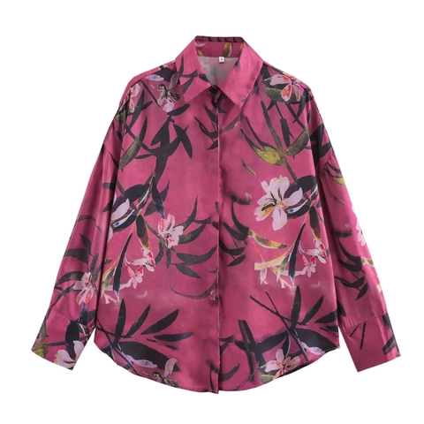 Damen Bluse Hemd Polyester Satin Blumenblattdruck Langarm Revers Locker Lässig Modisch Büro Dame Elegant