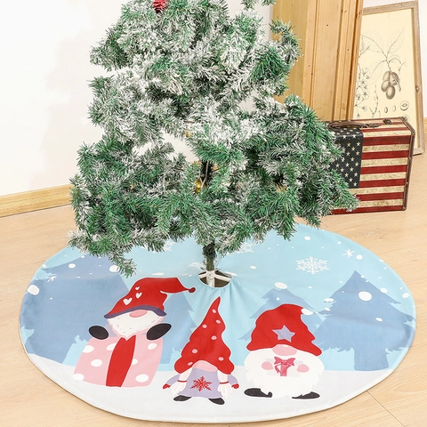Christmas Tree Skirt Round Non-Woven Fabric Cartoon Gnome Snowflake Print Nordic Style Holiday Home Decor Blue