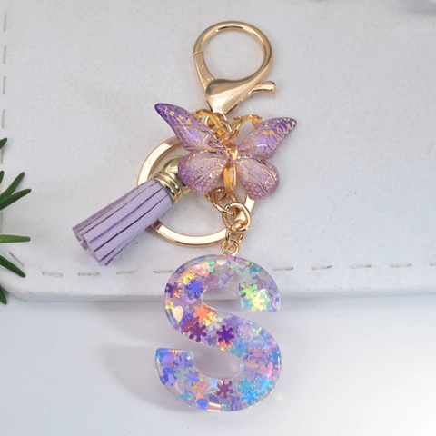 Purple Alphabet Letter Keychain Resin Bag Charm With Butterfly Pendant And Suede Tassel For Girls Women