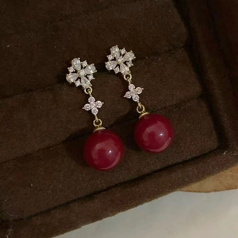 Flower Stud Drop Earrings With Zircon Red Resin Bead Silver Earring Post 18K Gold Plated Vintage Luxury Jewelry Women