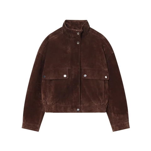 Women Faux Suede Bomber Jacket Stand Collar Metal Button Flap Pockets Casual Streetwear Solid Brown Coat