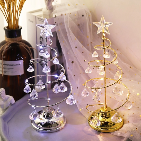 Spiral Iron Christmas Tree Tabletop Ornament LED Glowing Star Topper Acrylic Crystal Pendants Holiday Night Light Decor