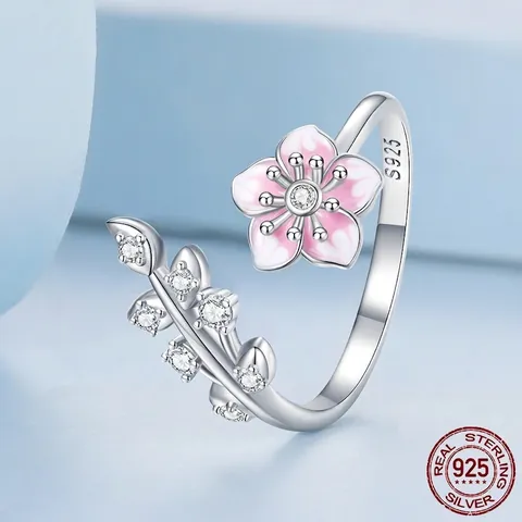 S925 Sterling Silver Sakura Open Ring For Women Pink Enamel Flower Zirconia Inlaid Adjustable Floral Branch Finger Jewelry