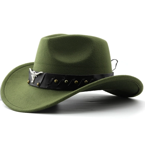 Vintage Western Cowboy Hat Polyester Felt Wide Brim With Bull Head Metal Emblem Rivets Leather Band Unisex Outdoor Style