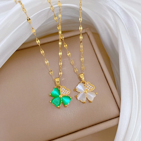 Collana Quadrifoglio Acciaio Inossidabile Placcato Oro Rame Cuore Zircone Pendente Gioielli Eleganti Per Donna Regalo Portafortuna