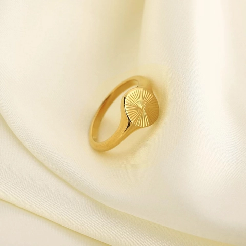 Anillo A Sigillo In Acciaio Inossidabile Minimalista Rotondo Texture Raggi Di Sole Lucidato Placcato Oro Gioielli Geometrici Donna