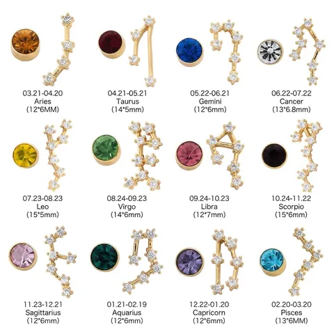 Asymmetric 12 Zodiac Constellation Stud Earrings With 925 Sterling Silver Earring Post Copper Zircon For Women Jewelry