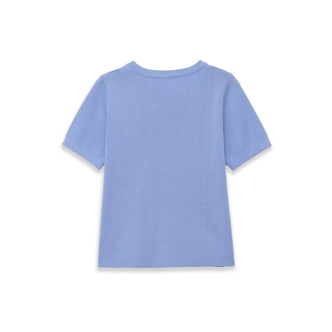 Short Sleeve Knitted Top Round Neck Solid Light Blue Polyester Soft Casual Slim Fit Pullover Sweater For Women
