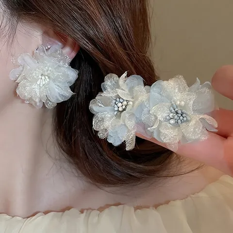 Mesh Flower Stud Earrings With Alloy Artificial Pearls And 925 Sterling Silver Earring Post Elegant Korean Sweet Floral Jewelry