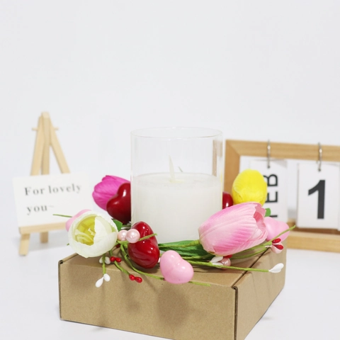 Artificial Tulip Heart Berry Candle Ring Wreath Polyester Foam Iron Floral Decor For Valentine Mother Day