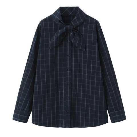 Women Plaid Blouse Polyester Bow Tie Scarf Collar Long Sleeve Loose Fit Casual Button Down Shirt