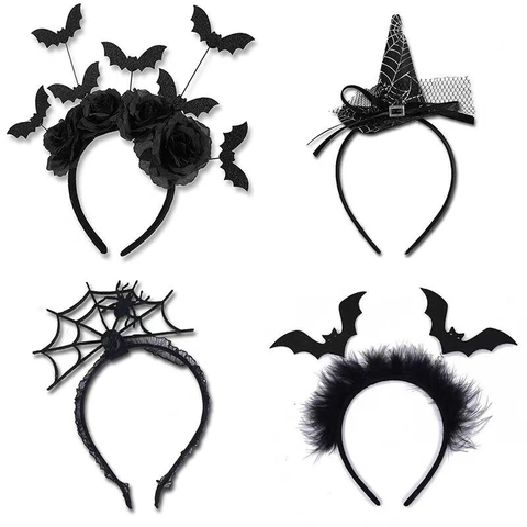 Cerchietto Halloween Pipistrello Ragno Teschio Corna Diavolo Rosa Piuma Accessorio Per Costume Gotico