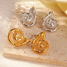 Retro Spiral Conch Shell Stud Earrings Stainless Steel Rhinestone Zircon Inlaid Vacation Style For Women