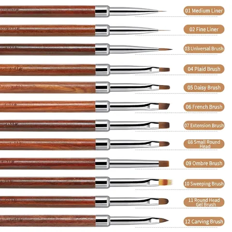 Professional Nail Art Brushes Rosewood Handle Painting Liner Carving Gradient UV Gel Design Manicure Salon Tools