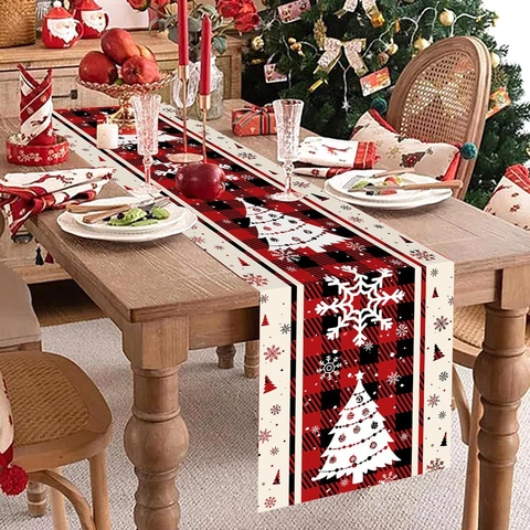 Camino De Mesa Navideño Poliéster Cuadros Rojos Y Negros Árbol De Navidad Copos De Nieve Decoración Fiesta