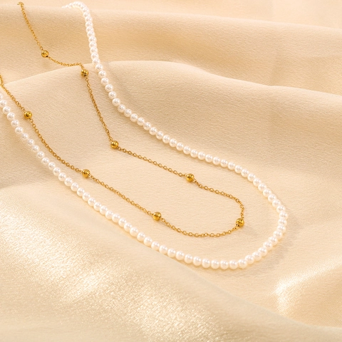 Collar De Doble Capa Acero Inoxidable Chapado En Oro De 18K Cadena De Bolas Perla Artificial Vintage Estilo Francés Para Mujeres Elegante
