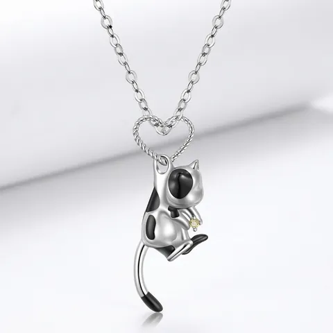 Collana con Pendente Gatto Mucca 3D in Argento Sterling 925 Carino Donna Ragazze Tema Animale Strass Smalto Gioielli Regalo