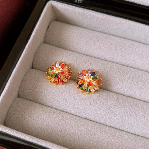 Colorful Zircon Flower Stud Earrings With 925 Sterling Silver Earring Post Elegant Firework Design Jewelry For Women