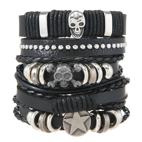 Herren Gothic Mehrlagig Geflochten Rindsleder Armband Set Vintage Punk Totenkopf Stern Metall Anhänger Verstellbar Schwarz PU Legierung Schmuck