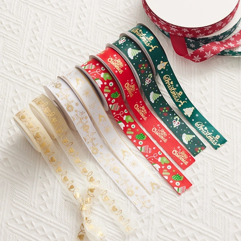 Cinta De Navidad Estampado Dorado Grosgrain Satin Organza Cintas Para DIY Envoltura De Regalo Lazos Decoracion De Arbol