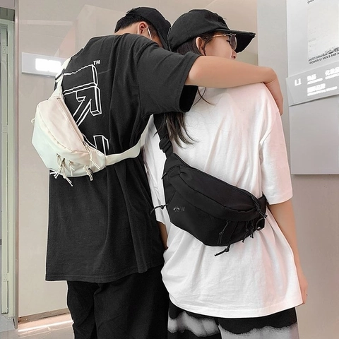 Bolso De Pecho Unisex De Nylon Estilo Harajuku Streetwear Múltiples Bolsillos Riñonera Con Correa Ajustable Color Sólido Minimalista