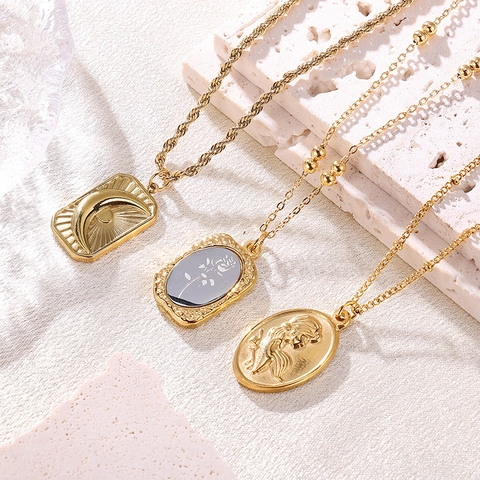 Vintage Retro Gold Plated Stainless Steel Pendant Necklace Embossed Rose Moon Sun Portrait Medallion Minimalist Jewelry For Women