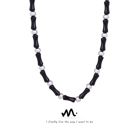 Vintage Black Agate Beaded Necklace With Titanium Steel Silver Beads Minimalist Jewelry For Women