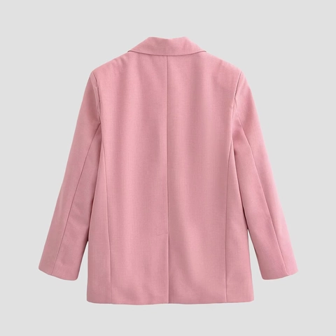 Chaqueta Blazer Rosa Para Mujer Poliéster Solapa De Muesca Cierre De Botones Moda Casual Color Sólido Con Bolsillos Con Solapa