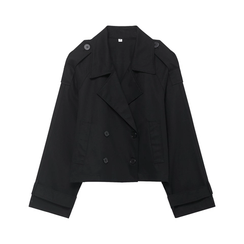 Women Short Trench Coat Double Breasted Polyester Jacket Casual Long Sleeve Lapel With Shoulder Straps Fashion