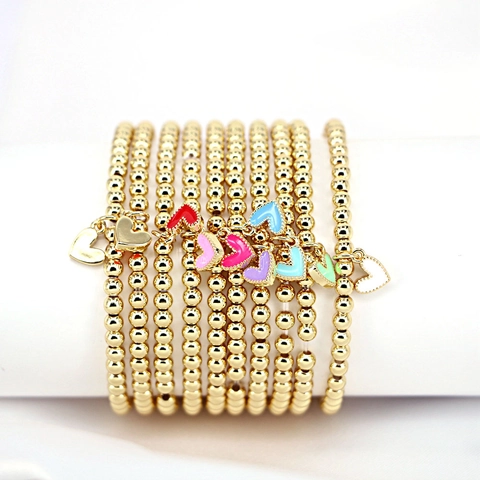 Damen Mode Kupfer Gold Perle Elastisches Armband Mit Buntem Emaille Herz Anhänger Süßer Eleganter Herz Charm Perle Armreif Schmuck