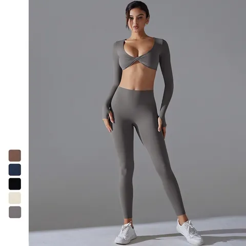 Yoga Lange Mouwen Crop Top Met Twist Knoop En Hoge Taille Buikcontrole Leggings Nylon Spandex Slim Fit Sportkleding Dames