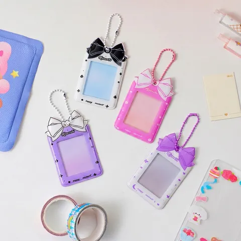 Cute Bowknot Plastic Photocard Holder Korean Ins Style Mini Photo ID Card Sleeve Keychain Pendant With Bead Chain