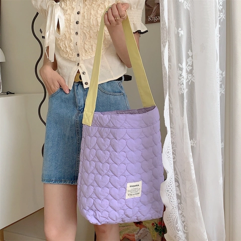 Heart Quilted Tote Bag Women Large Capacity Cotton Fabric Shoulder Handbag Sweet Korean Style Contrast Color Straps